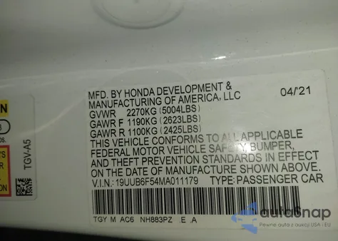 2021 Acura Tlx A-Spec Package z USA, uszkodzony, nr VIN 19UUB6F54MA011179